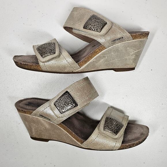 Mephisto Taupe Double Strap Wedge Heel Slides Size EU 37/ US 7 - Picture 3 of 12